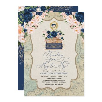 navy blush travel adventure bridal shower invitation