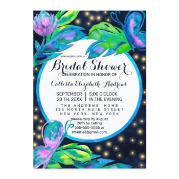 navy butterfly floral leaves bridal shower invitation
