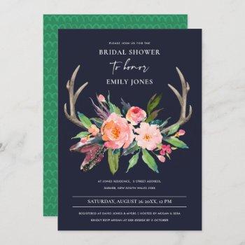 navy chic boho blush antler floral bridal shower invitation