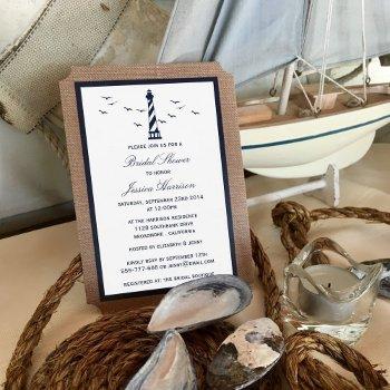 navy lighthouse on burlap nautical bridal shower invitation