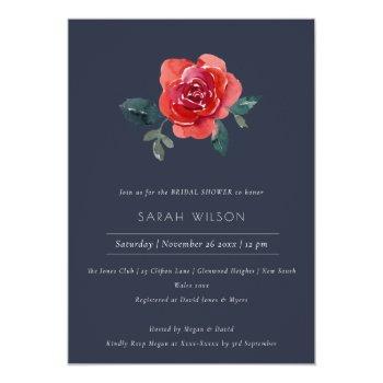 Navy Red Green Rose Floral Bridal Shower Invite Front View