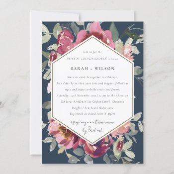 navy red rose flora drive by couples shower invite