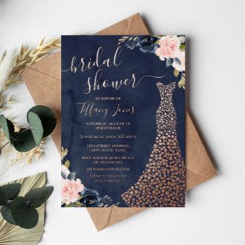 navy rose gold floral dress bridal shower foil invitation