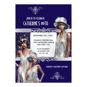 Navy Silver Great Gatsby Flapper Girls Birthday Invitation Front View