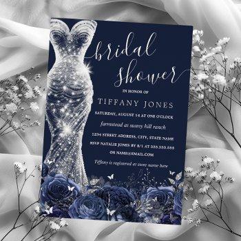 navy silver shimmer dress rose bridal shower  foil invitation