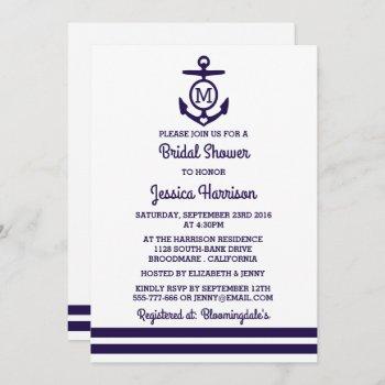 navy stripe monogram anchor nautical bridal shower invitation