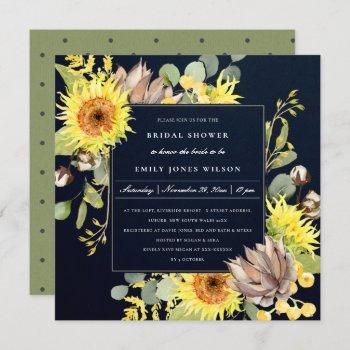 navy sunflower eucalyptus floral bridal shower invitation