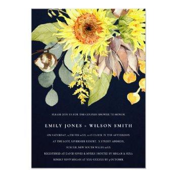 Navy Sunflower Eucalyptus Floral Couples Shower Invitation Front View