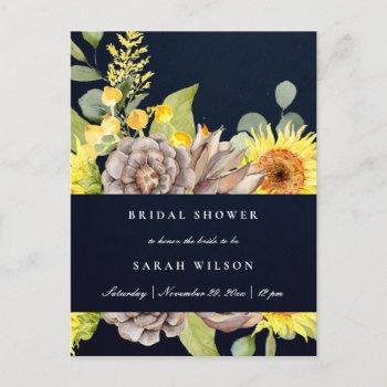 navy sunflower eucalyptus pine flora bridal shower invitation postcard