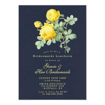 Navy Yellow Rose Bridesmaids Luncheon Invite Front View