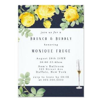 Navy Yellow Rose Rustic Brunch & Bubbly Invites Front View