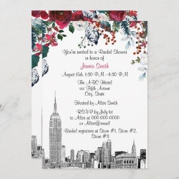 nyc skyline esb etch burg grn floral bridal shower invitation