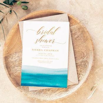 ocean watercolor gold script beach bridal shower invitation