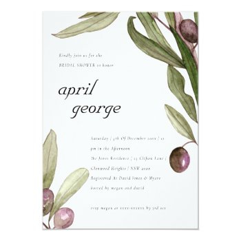 Olive Watercolor Foliage Bridal Shower Invite Front View