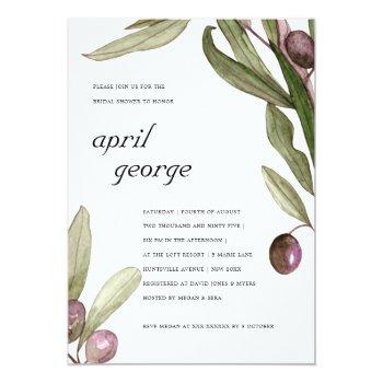 Olive Watercolor Foliage Bridal Shower Invite Front View