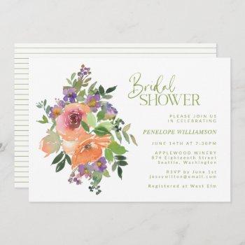 orange and purple floral watercolor bridal shower invitation