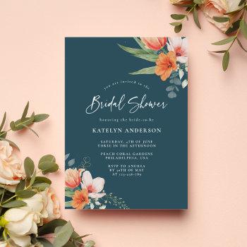 orange and teal blue spring floral bridal shower invitation