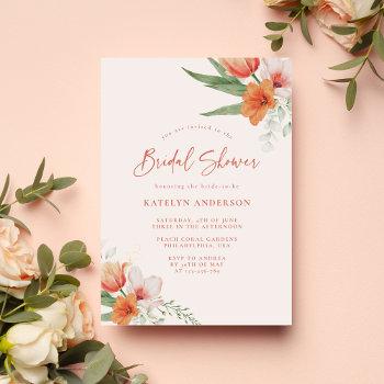 orange peach pink coral floral bridal shower invitation