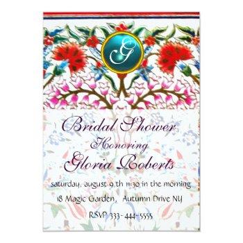 Oriental  Flowers Damask Monogram Blue Ice Invitation Front View