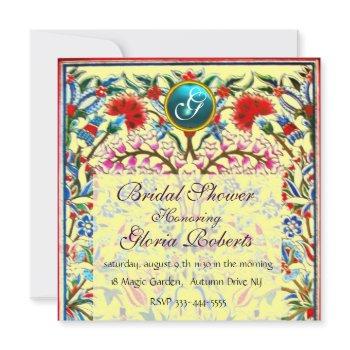 oriental  flowers damask monogram blue yellow invitation