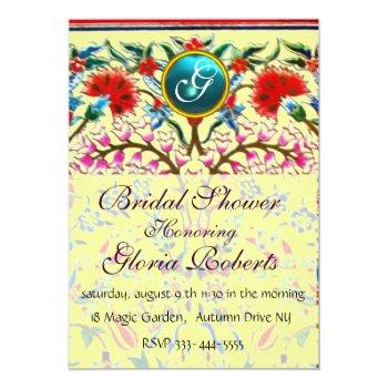 Oriental Flowers Damask Monogram Blue Yellow Invitation Front View