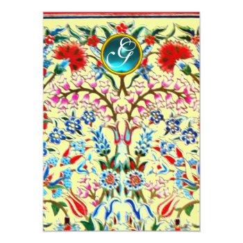 Oriental Flowers Damask Monogram Blue Yellow Invitation Front View