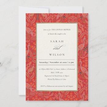 ornate red classy floral peacock couples shower invitation