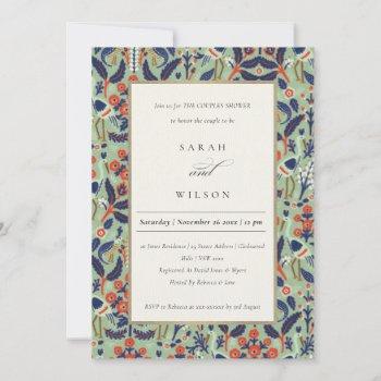 ornate teal navy floral peacock couples shower invitation