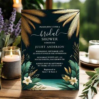 palm tree beach green and gold bridal shower invitation