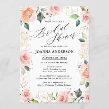 pastel pink blush rose floral bridal shower invitation