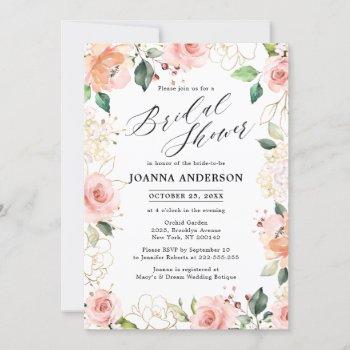 pastel pink blush rose floral bridal shower invitation