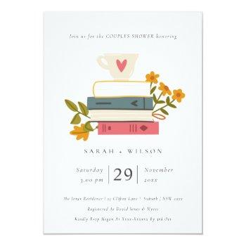 Pastel Stacked Books Floral Couples Shower Invite Front View