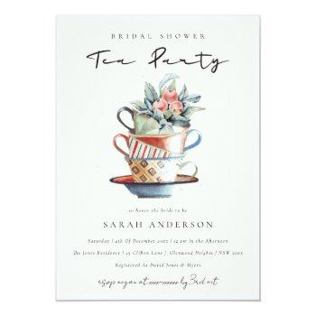 Pastel Stacked Cups Bridal Shower Tea Party Invite Front View