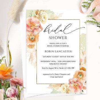 peach cream and green floral bridal shower /brunch invitation