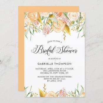 peach flowers and gold leaves bridal shower invitation