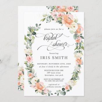 peach pink ivory floral leafy wreath bridal shower invitation