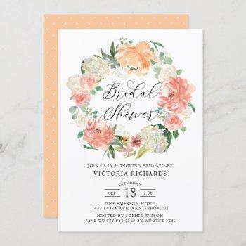 peach roses and hydrangeas wreath bridal shower invitation