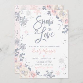 peach & silver winter bridal shower snow in love invitation