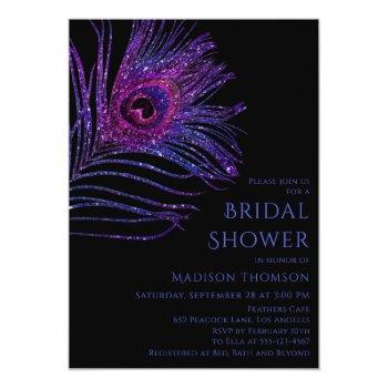 Peacock Feather Glitter Purple Bridal Shower Invit Invitation Front View