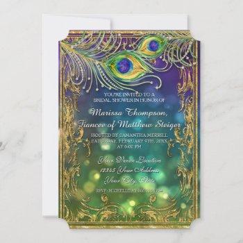 peacock feather jewel sparkle gold bridal shower  invitation