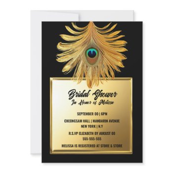 peacock feather plume black gold bridal shower invitation