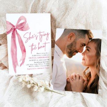 photo pink bow she's tying the knot bridal shower invitation