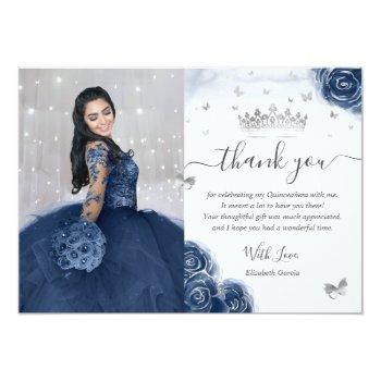 Photo Silver Navy Blue Quinceanera Flat Thank You Card Front View