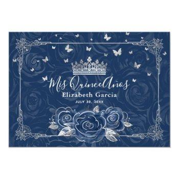 Photo Silver Navy Blue Quinceanera Flat Thank You Card Front View