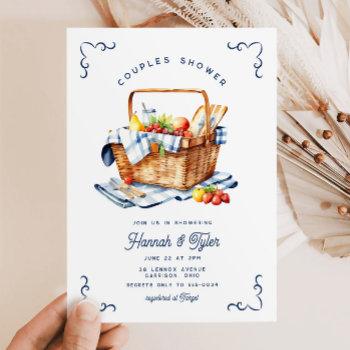 picnic basket navy blue couples bridal shower invitation