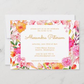 pink and orange watercolor flowers bridal shower invitation