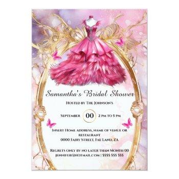 Pink Ballgown Floral Butterfly Bride To Be Bridal Invitation Front View
