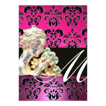 Pink, Black, Purple,damask Jewel Monogram Fuchsia Invitation Front View