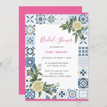pink blue tile mediterranean lemon bridal shower invitation