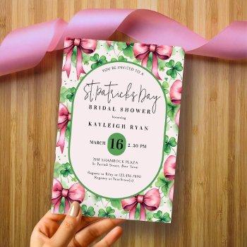 pink bow and clover st patrick's day bridal shower invitation